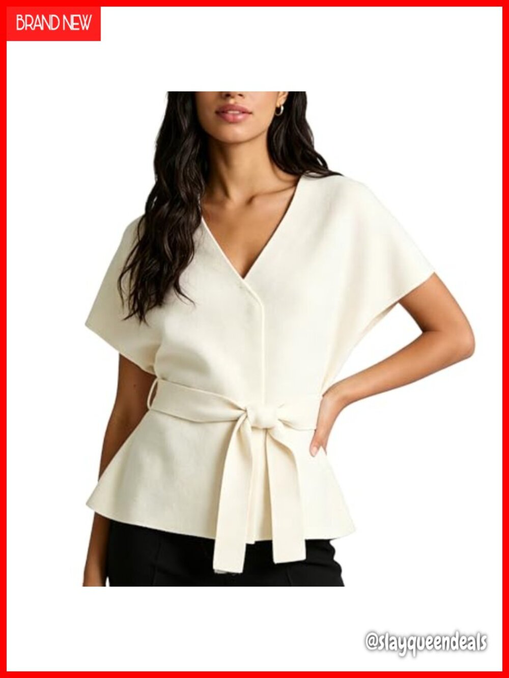 Women's V Neck Sweater Vest Cap Sleeve Tie Waist Hidden Snap Button Knit Top